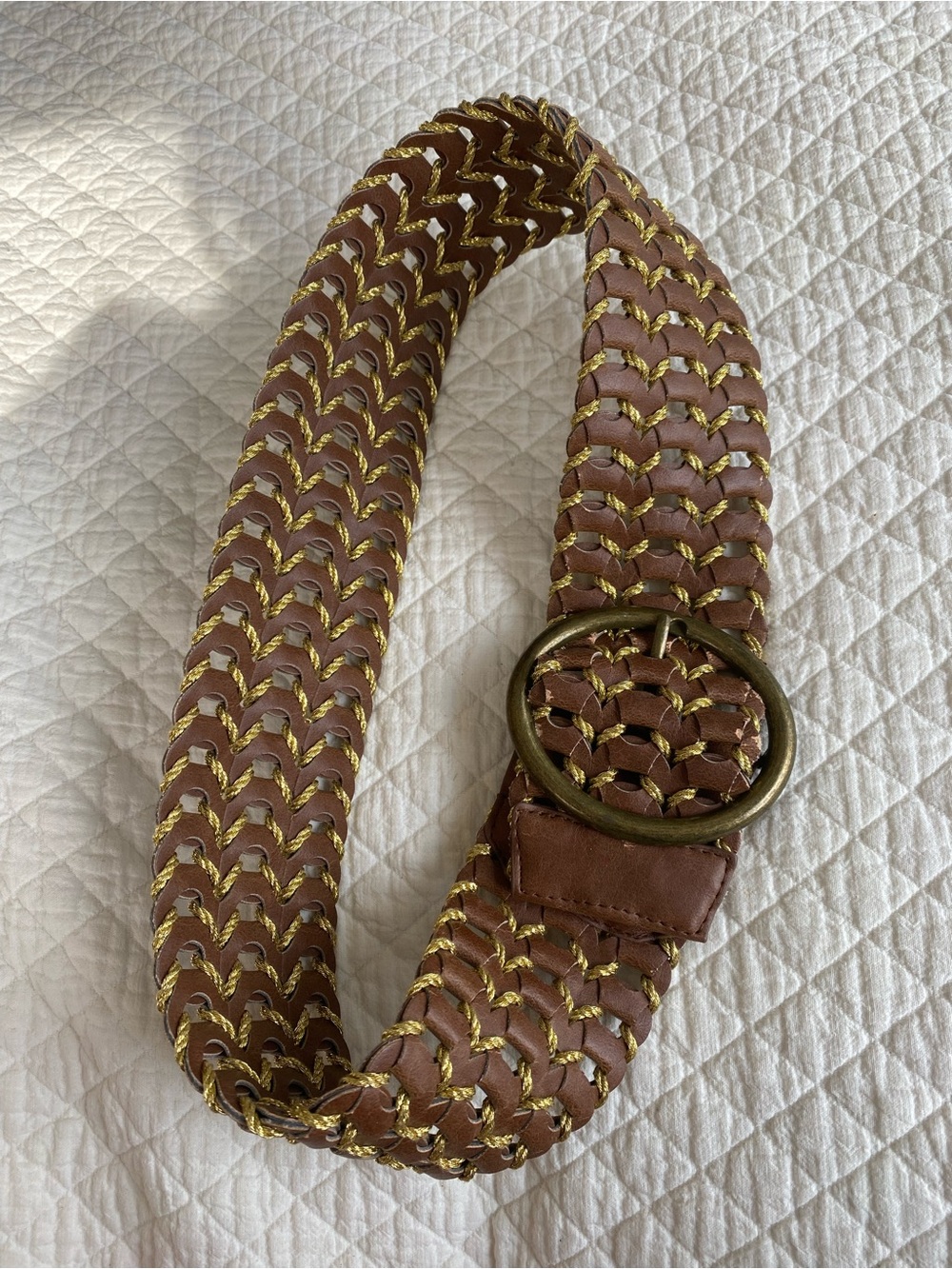 Festival Boho Hippie Wide Woven Braided Brown Faux Leather Gold Belt Small 32”